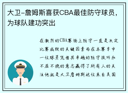 大卫-詹姆斯喜获CBA最佳防守球员，为球队建功突出