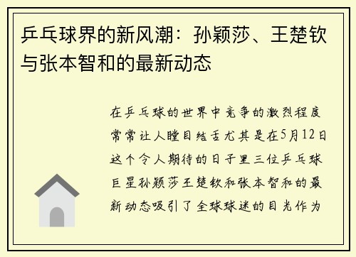 乒乓球界的新风潮：孙颖莎、王楚钦与张本智和的最新动态